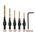 thumbnail image 4 of Teissuly Wood Countersink Drill Bit Set 5 Sizes #6 to #14 Set Countersink HSS M2 Tapered Drill Bits, Quick Change 1/4" Hex Shank Countersink bit, 1 Allen Wrench, Bits Secured with Pin, 4 of 7