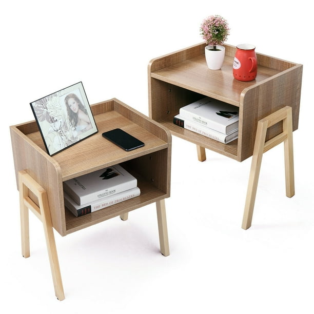 Set of 2 Nightstand with Storage, Modern Solid Wood Side ...