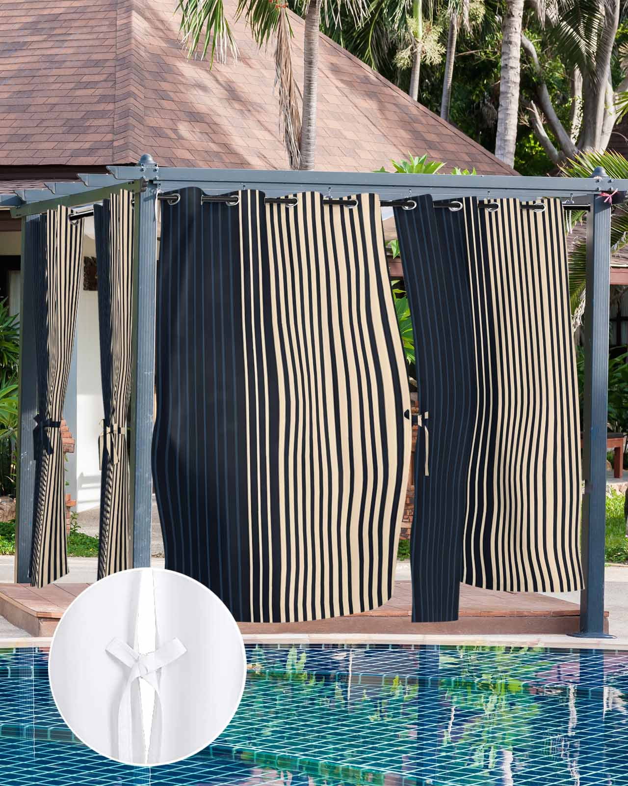 Navy Blue Black Stripe Outdoor Curtains for Patio, Contemporary Clean-lined Abstract Privacy Drapes Grommet Waterproof Outside Curtains for Porch/Cabana/Balcony 54"x 108", 1 Panel