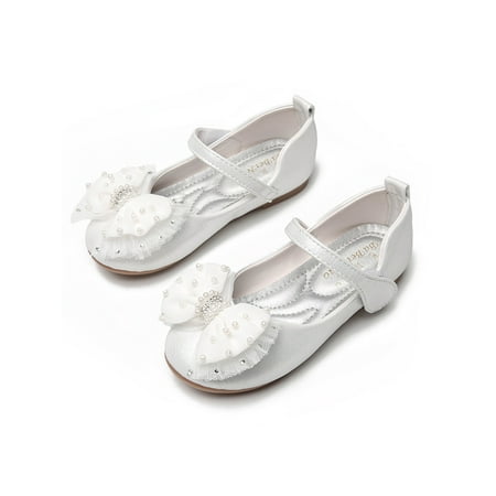 

Rotosw Children Princess Shoe Comfort Mary Jane Magic Tape Flats Non-slip Lace Bowknot Loafers School Sweet Flat Shoes Silver 11.5C