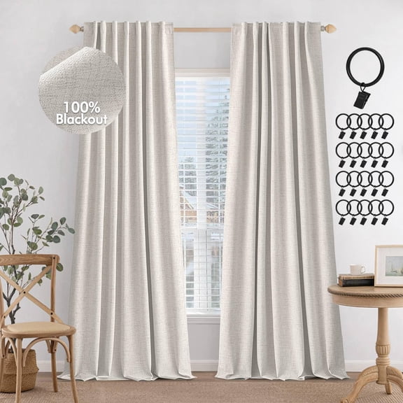 100% Blackout Curtains 90 inches Long Linen Curtains & Drapes for Bedroom Back Tab Living Room Darkening Full Black Out Window Curtain Panels Rod Pocket, Beige, 2 Panels Set