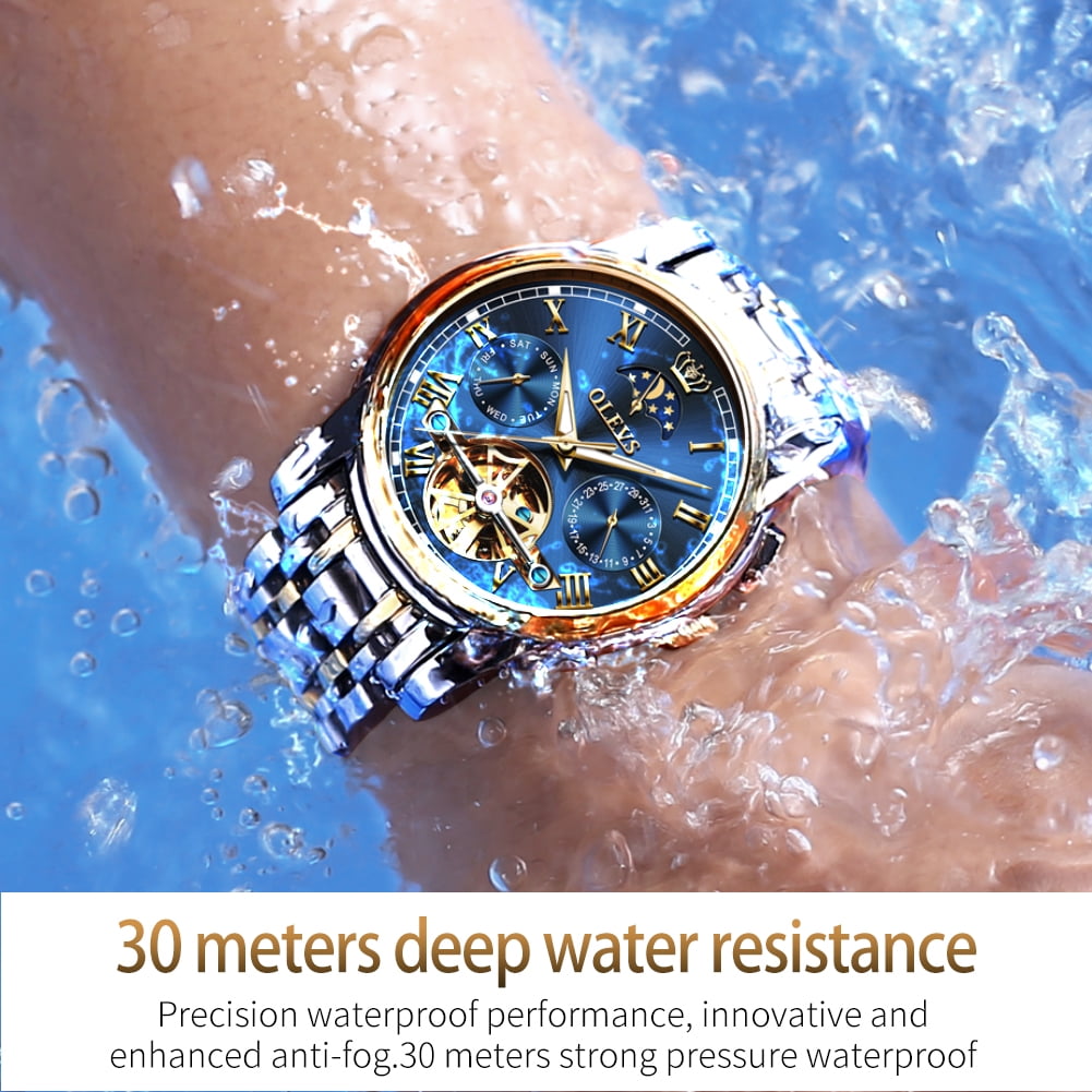 OLEVS Automatic Watches for Mens Skeleton Mechanical Self Winding Chronograph Calendar Classic Dress Moon Phase Multifunction Mens Wrist Watches Luminous Waterproof Stainless Steel Reloj Para Hombre