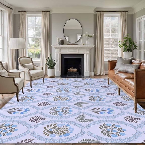 6'x9' Area Rugs, Spring Floral Indoor Outdoor Area Rug for Living Room Bedroom, Retro Flowers Leaves Botanical Light Blue Washable Bathroom Rugs Kitchen Floor Carpet Mats Home Decor Aesthetic