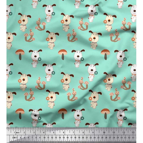 Soimoi Cotton Cambric Fabric Mushroom & Dog Kids Decor Fabric Printed Yard 56 Inch Wide
