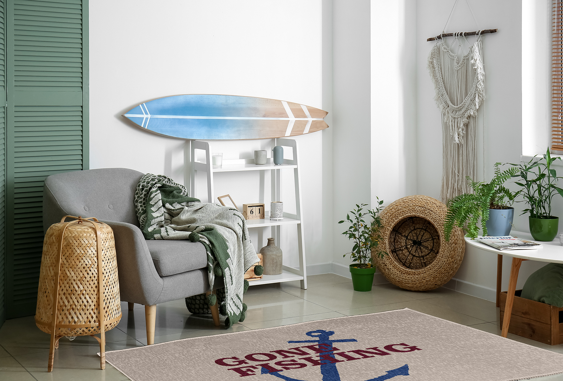 4' x 6' Simply Daisy Gone Fishing Beach Style Chenille Area Rug, Maroon Red
