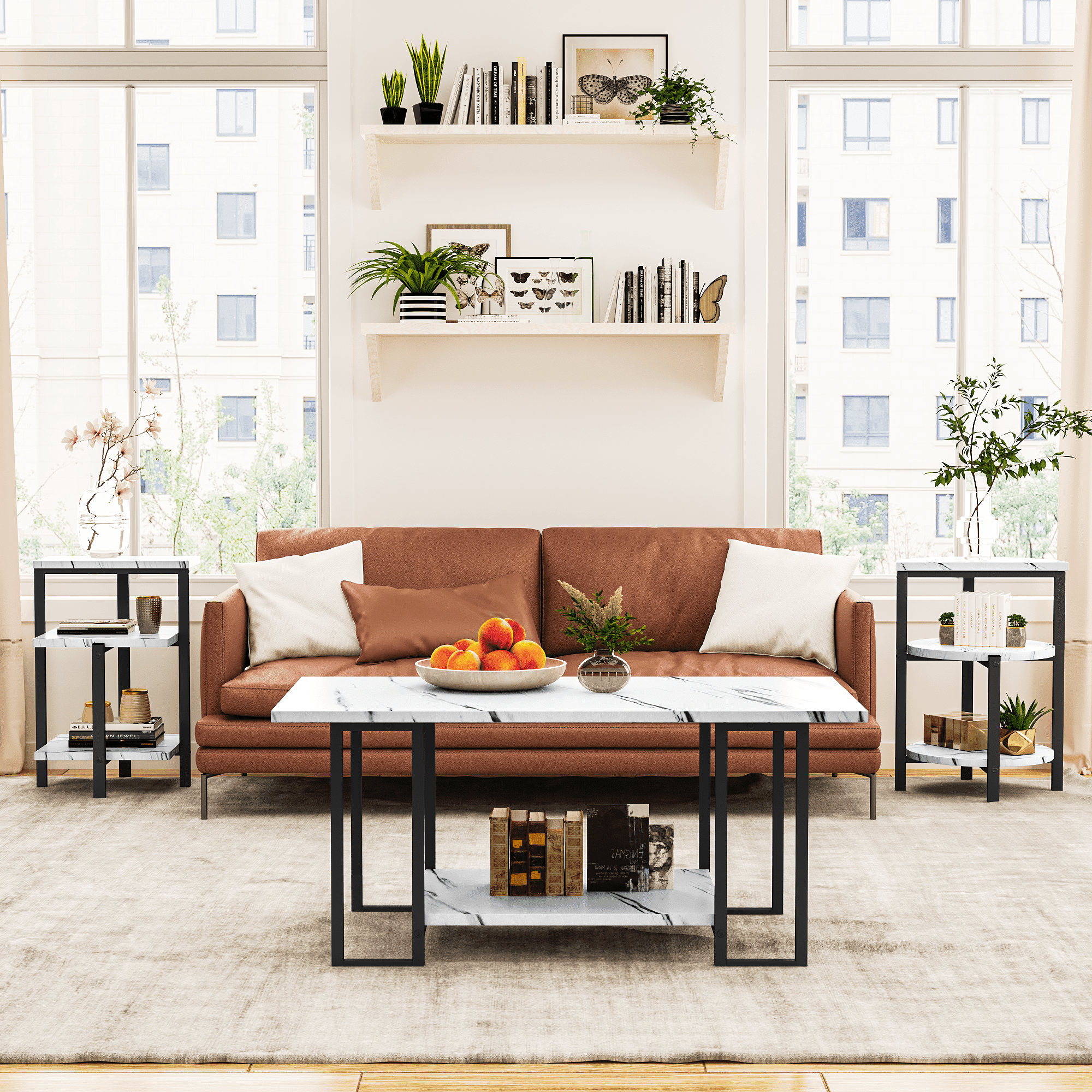 Baxluxe 3 Pieces Faux Marble Table Set, Modern Rectangle Coffee Table with 2 Side Table, Faux Marble Tabletop and Metal Frame, 3 Pieces Table Sets for Living Room, Apartment, White & Black
