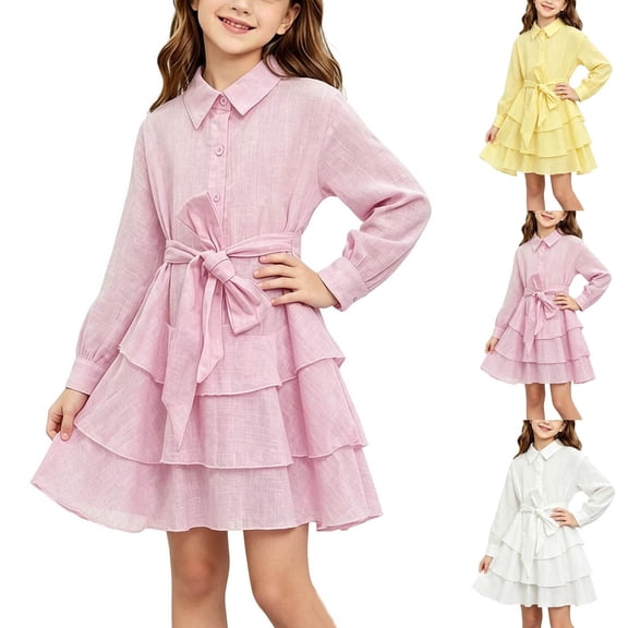 Auroural Girls Long Sleeve Shirt Dress Lapel Button Tiered Ruffle Dress Waist Casual Kids Outfit