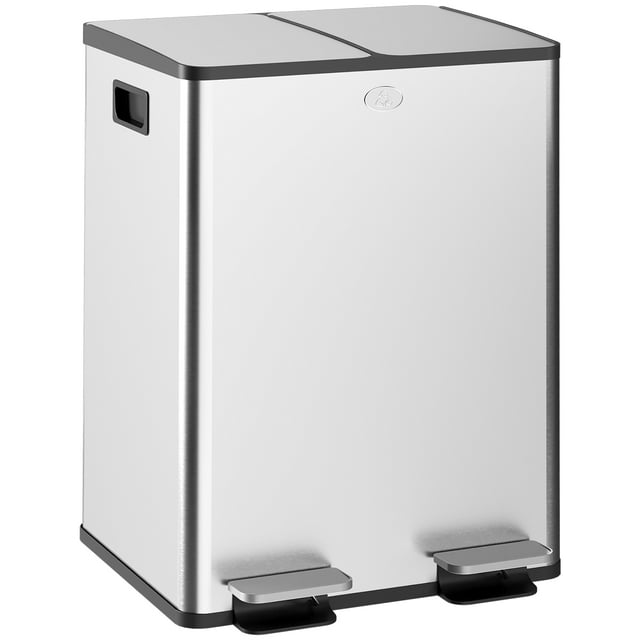 HOMCOM Poubelle Double, 2 x 20 Litres Poubelle avec Couvercle à Fermeture Douce, Argent