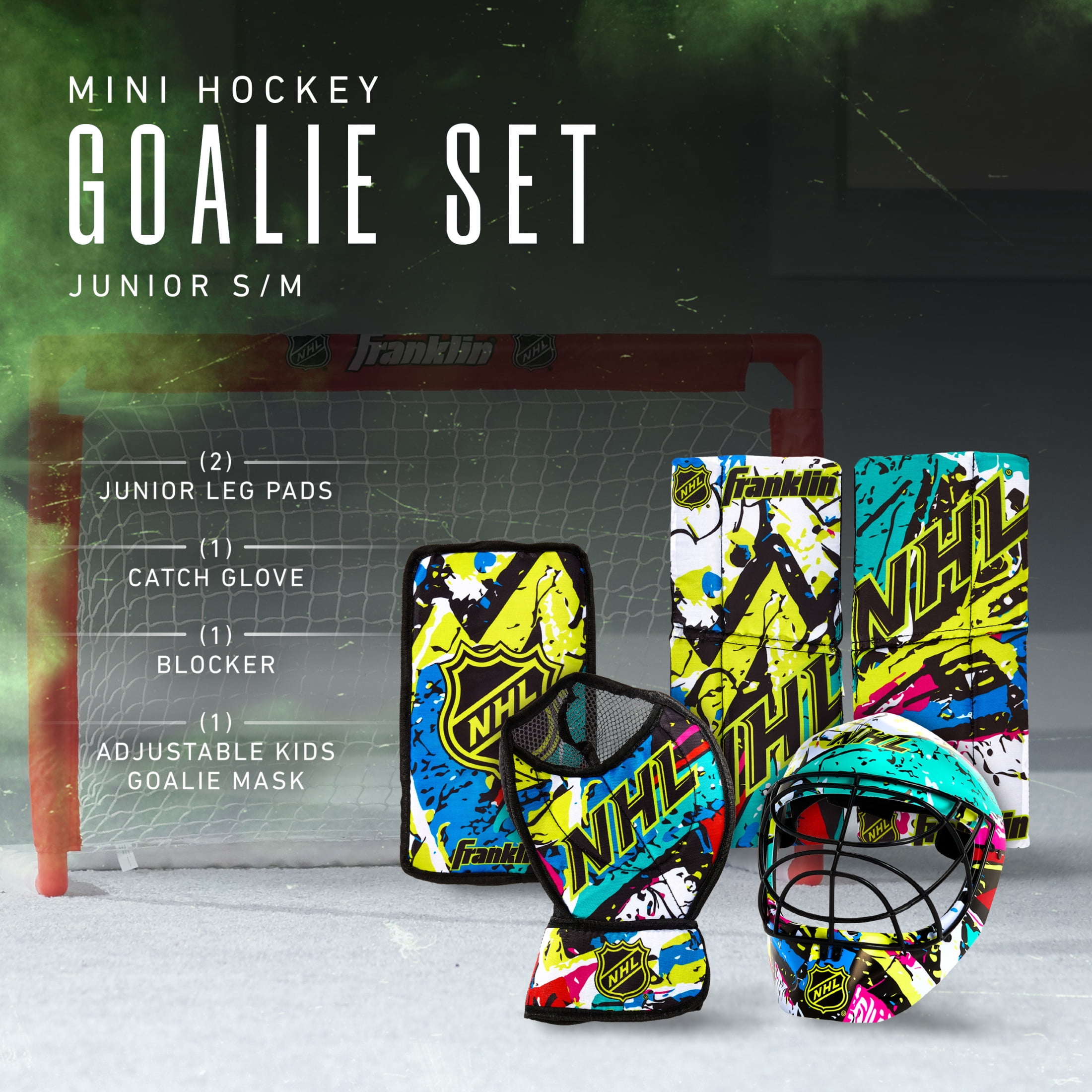 Franklin Sports NHL Youth Knee Hockey Goalie Pads + Helmet Set - Kids Knee + Mini Hockey Goalie Gear + Equipment - (2)  Leg Pads, Catch Glove, Blocker + Mask Included - Graffiti