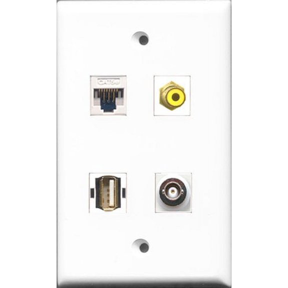 RiteAV 1 Port RCA Yellow and 1 Port USB A-A and 1 Port BNC and 1 Port Cat5e Ethernet White Wall Plate
