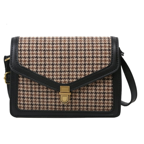 Bolso retro con solapa para mujer, bolso de mensajero a cuadros de PU (negro) Tmvgtek Oficina Multiescena Multifunción