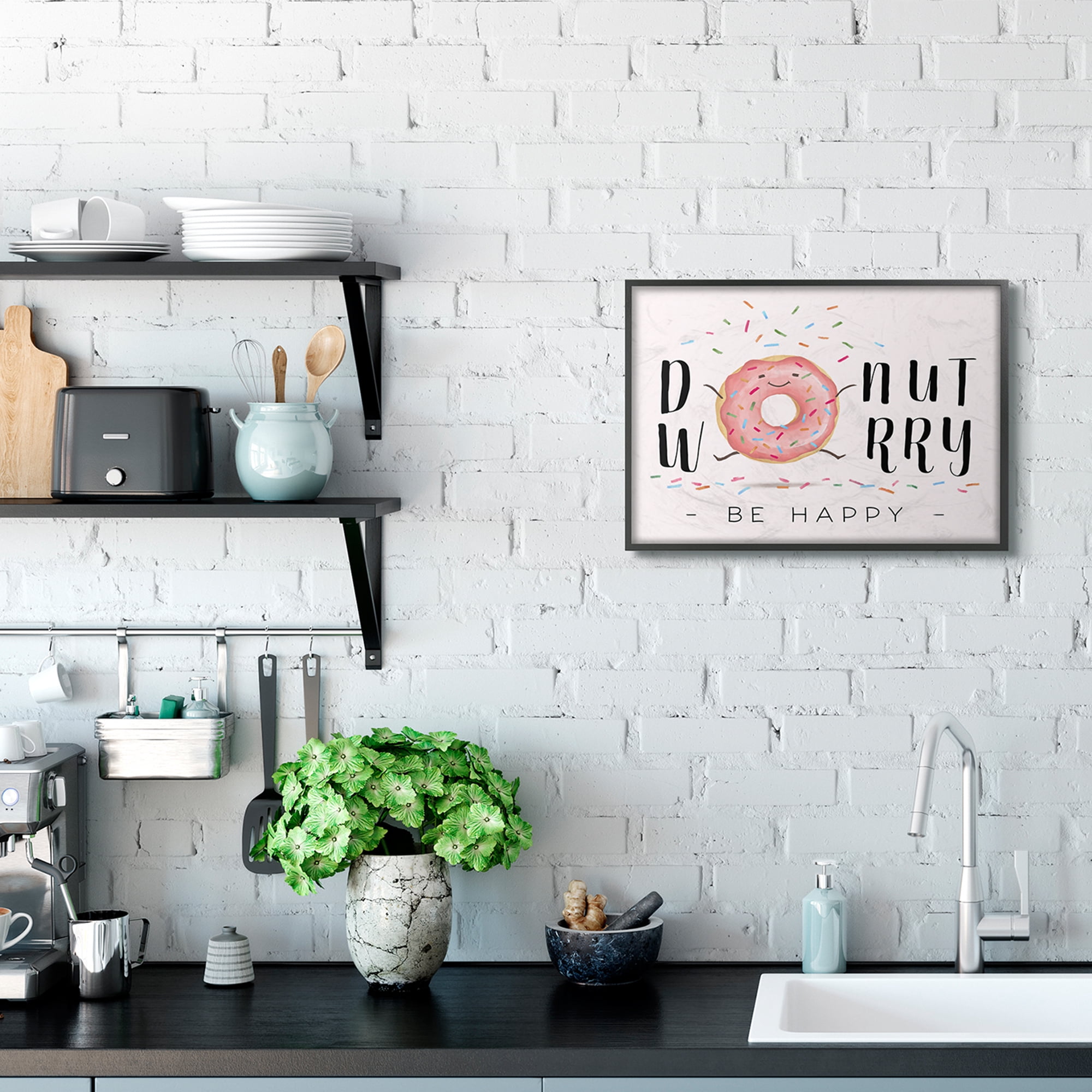 Stupell Industries Donut Worry Happy Pink Cartoon Word Design Framed Wall Art by Ziwei Li