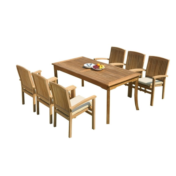 Grade-A Teak Dining Set: 6 Seater 7 Pc: 60" Rectangle Table And 6 Wave Stacking Arm Chairs Outdoor Patio WholesaleTeak #51WV1307