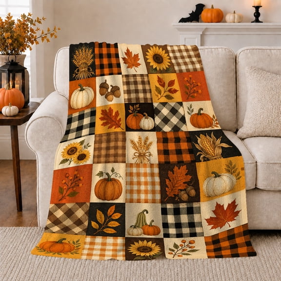 Pumpkin Sunflower and Plaid Harvest Patchwork, Rustic Farmhouse Style for Fall Lovers, Thanksgiving Gift, Cozy Flannel Blanket for Bedroom and Living Room, Home Decor