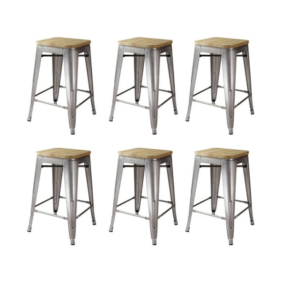 Leejay Gunmetal 24 inch Counter Height Metal Barstools with Light Wood Seat, Set of 6