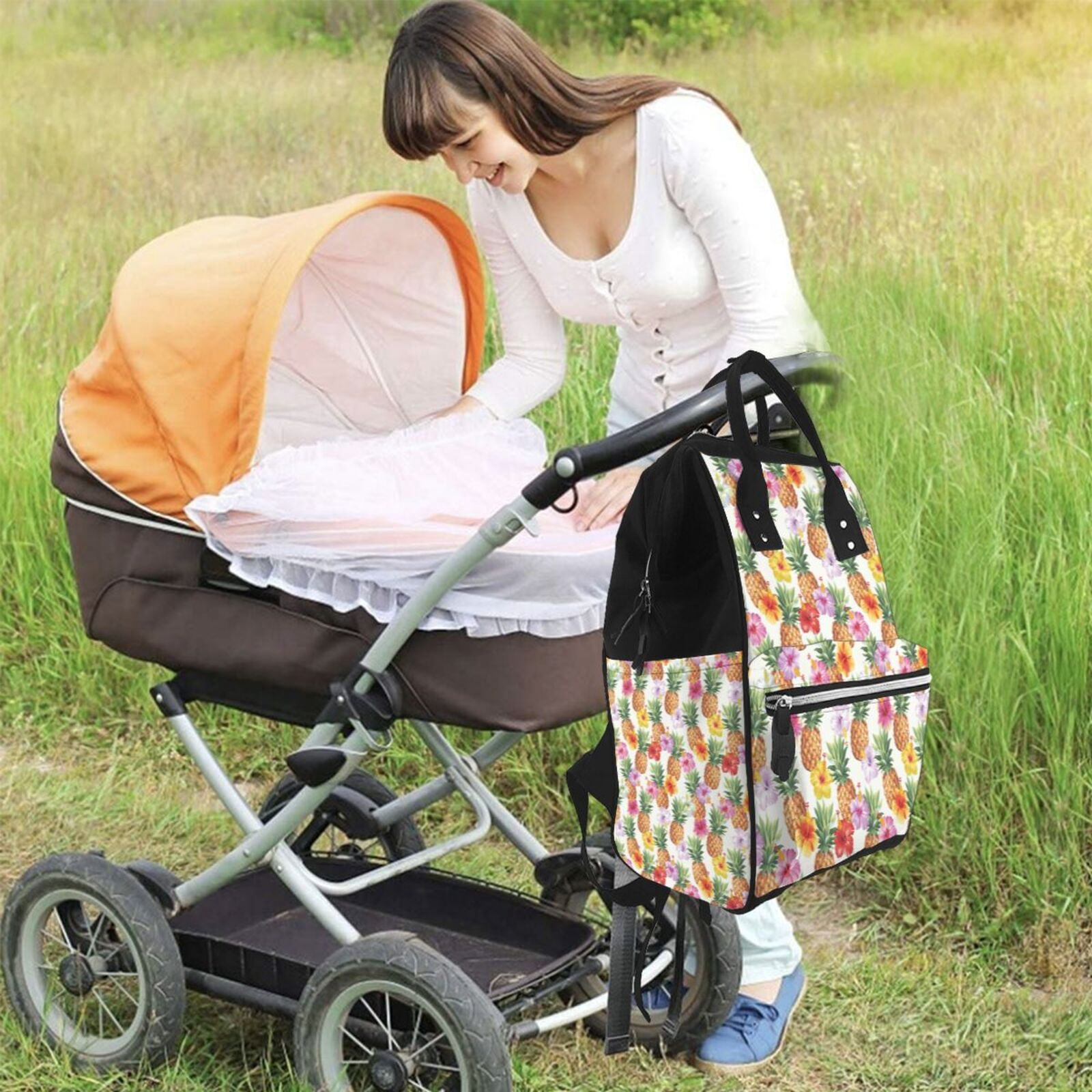 Ratiio Hawaiian Pineapples And Hibiscus Flowers Mummy Backpack - Waterproof Twill Canvas, Large Capacity Diaper Bag with Multiple Pockets and Adjustable Straps