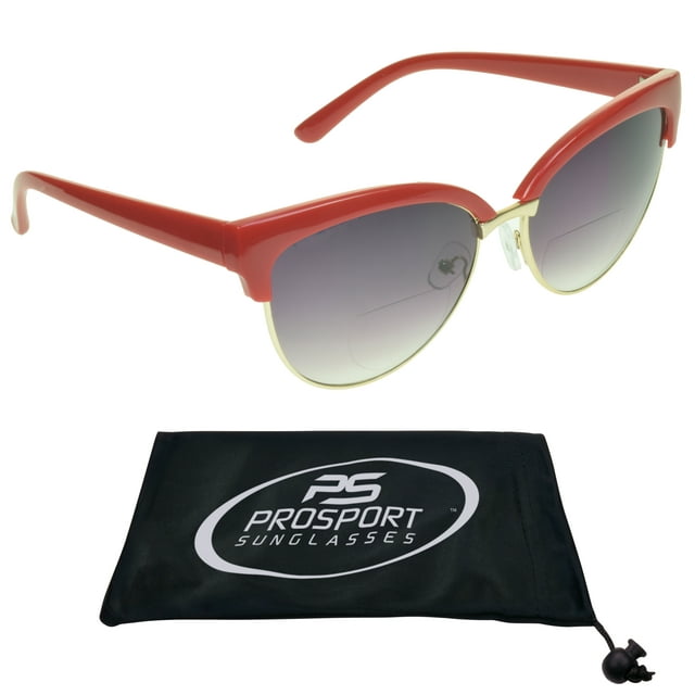proSPORT Women Bifocal Reading Cateye Fashion Horn Rim Sunglasses Red Gold Frame Smoke Lens +2.00