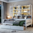 thumbnail image 3 of New White Full Size Wood Daybed w/ Glass-Door LED Storage, Open Shelves & Modern Design – Convertible Sleeper Sofa for Guest Rooms or Small Spaces, 3 of 10