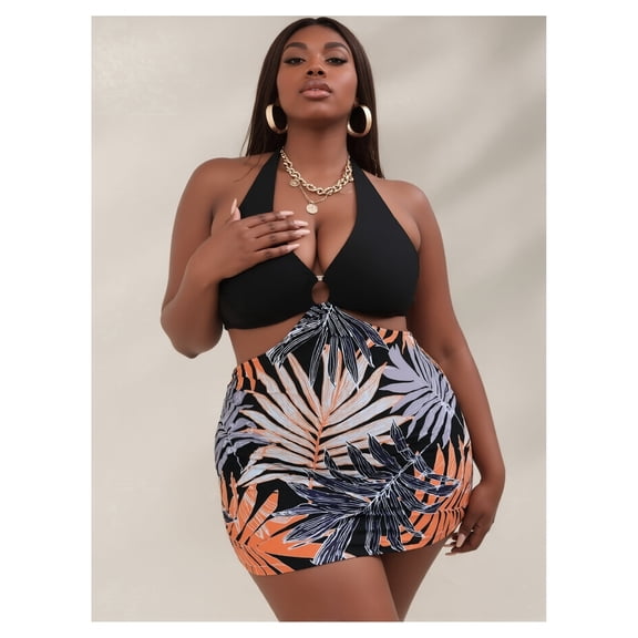 Plus Size Women's Black Halter Bikini Set with Cutout Top & Tropical Leaf Shorts, Swimwear for Summer Beach Pool