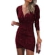 thumbnail image 1 of Vestido de cóctel fruncido ajustado, de manga larga y escote en V cruzado para mujer, 1 of 5
