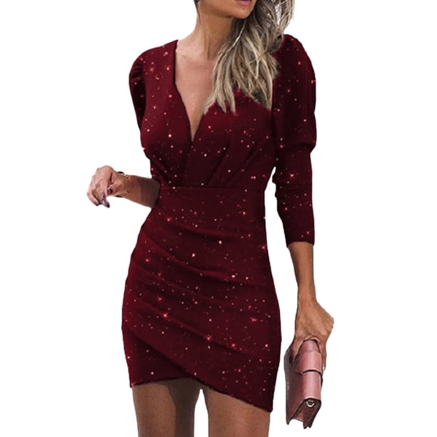 Vestido de cóctel fruncido ajustado, de manga larga y escote en V cruzado para mujer