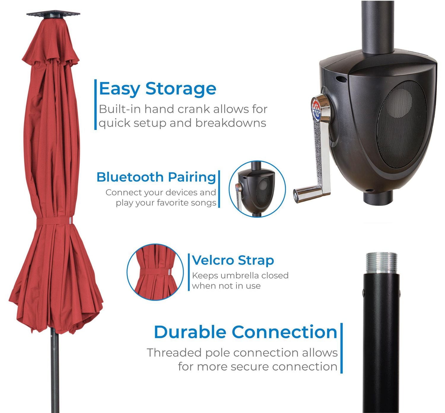 Sun-Ray 9' Round Solar Lighted Umbrella with Built-In Bluetooth Speaker - Scarlet