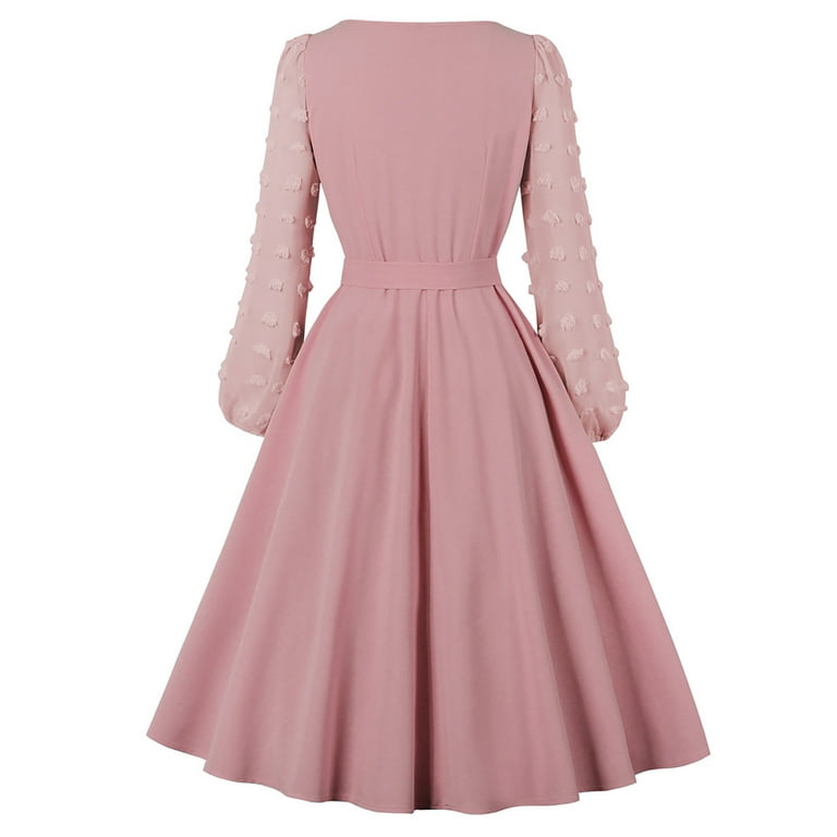 Women Elegant Vintage Tea Dress Pom Pom Long Sleeves Cocktail