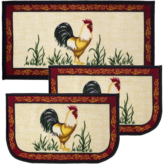 Kashi Home Kitchen Rug, Printed Area Rug, Durable Floor, Door Mat, Farmhouse Non-Slip Carpet Latex Backing Beautiful Design Dot Rooster 3pc Set (2 18x30 D Shape & 1 20x40)