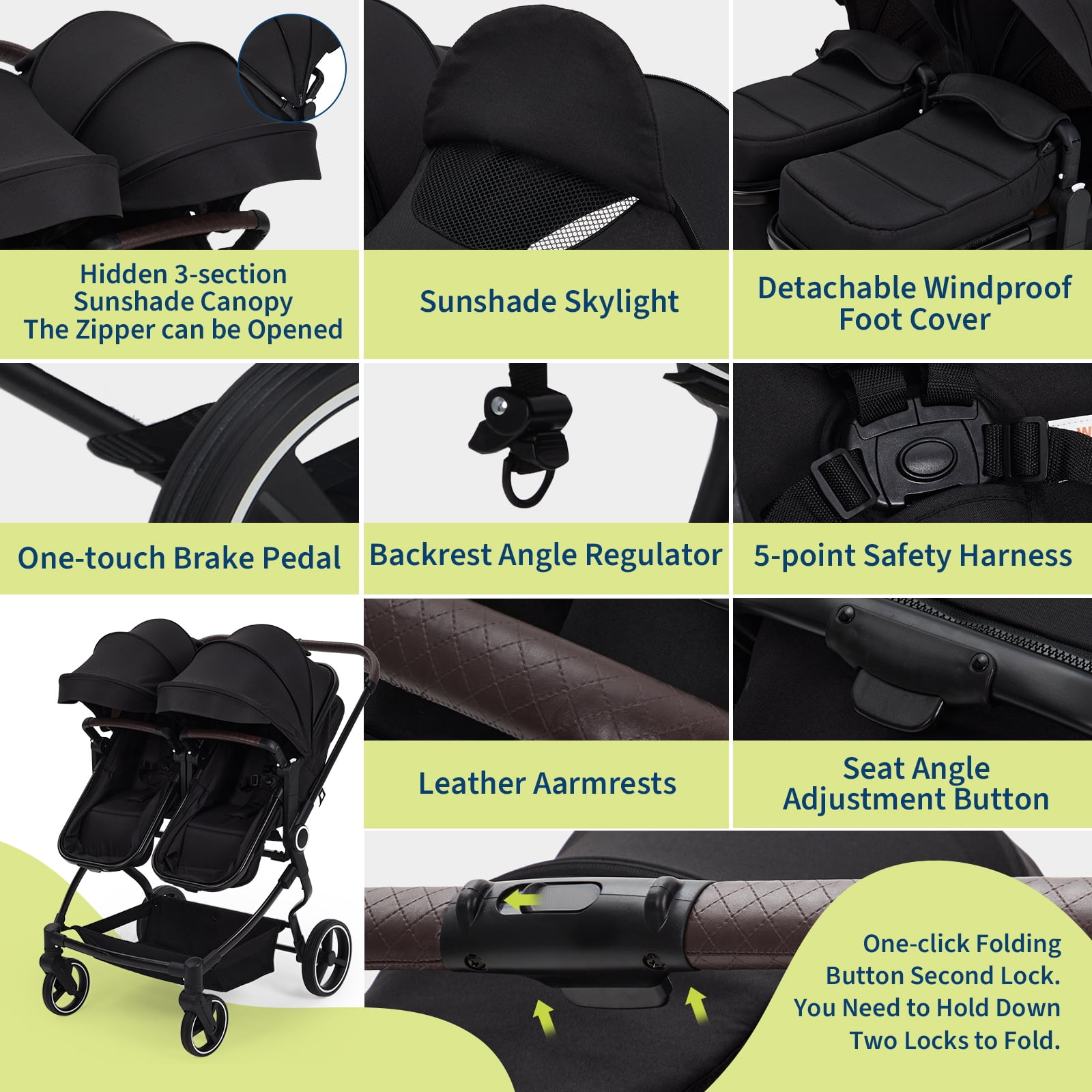 Roromall Side by Side Double Stroller for Twins, Adjustable Compact Folding Baby Travel Stroller with High Landscape Seat, Lightweight Canopy & Recline for Infant and Toddler