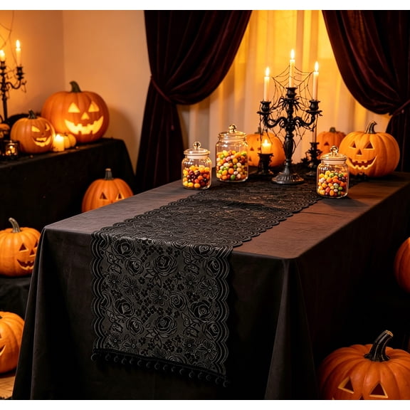 Qjidjing Black Lace Table Runner, 17.72×47.24 inch S, Rustic Vintage Romantic Tablecloth for Halloween Table Decor, Wedding Home Parties