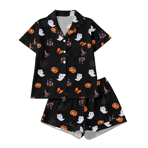 Bainana Halloween Sleep Outfit Set For Girls Kids Graphic Print Short Sleeve Collar Tops And Shorts Bedtime Wear Set Cute Lightweight Girls Theme Party Clothes Size 3-4 Years Black