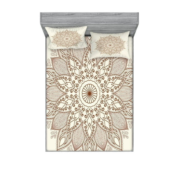 Ambesonne Retro Fitted Sheet & Pillow Sham Set, Flower Lace, Queen, Brown and Ivory