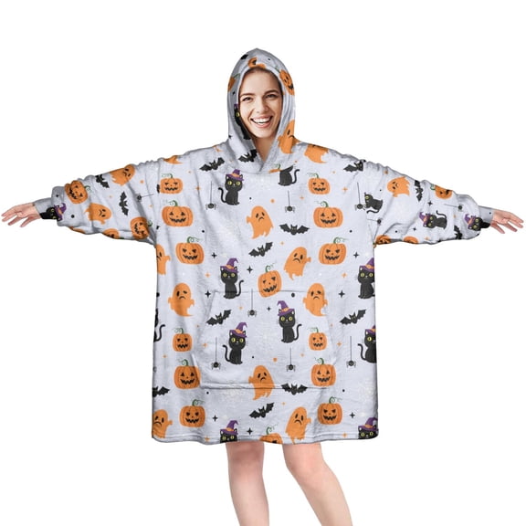Halloween Ghost Cat Blue Wearable Blanket Hoodie, Flannel Oversized Wearable Blanket with Sleeves & with Sleeves & Pockets, Comfort Gifts Ideas for Wife Son Mom Husband Daughter