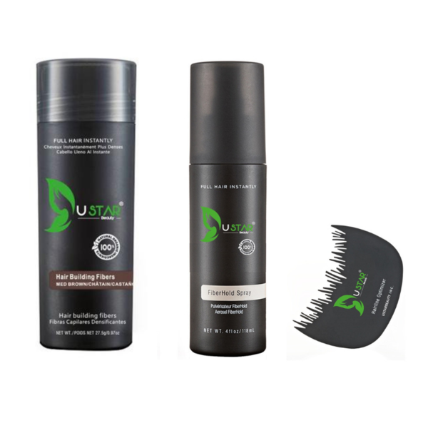 USTAR Hair Building Fibers 0.97oz / 27.5g 3 in 1 Pack(HAIR FIBERS, COMB, HOLD SPRAY)