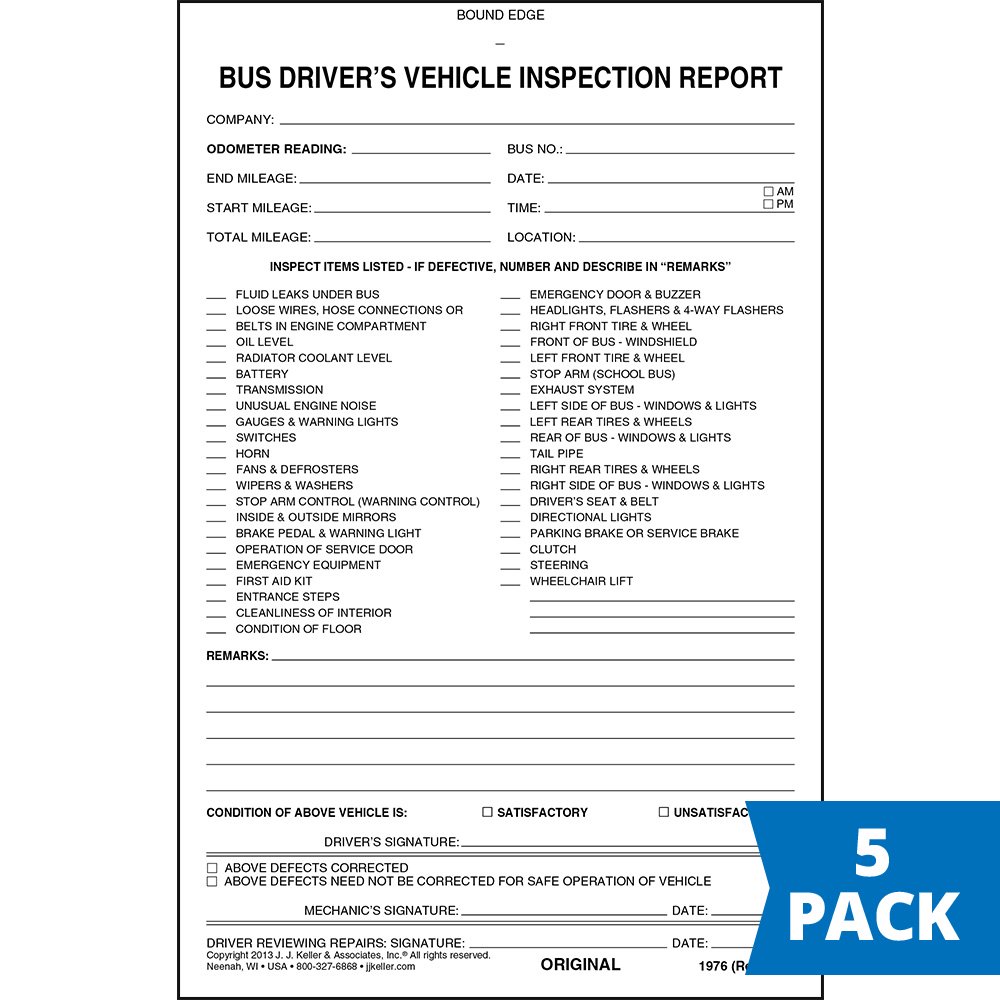 Bus Driver�s Vehicle Inspection Report 5pk. Book Format