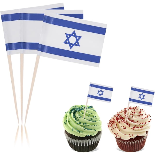 EFIVS ARTS 100 Pcs Israel Flag Toothpick Cake Toppers Israeli Flag Cocktail Food Decorations Small Mini Stick Cupcake Toppers Picks for Celebration Party Supplies