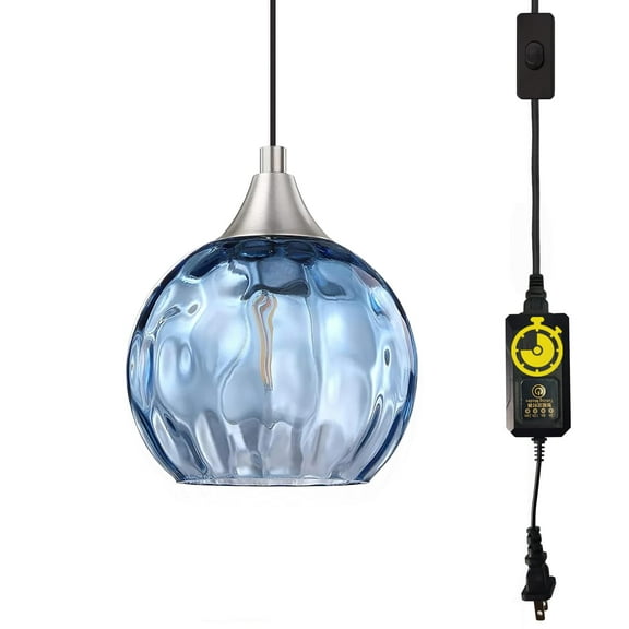 Kiven Plug in Pendant Light, Farmhouse Hanging Light Fixture with Timer and Blue Glass Globe, E26 Socket Pendant Light for Bedroom Hallway Kitchen