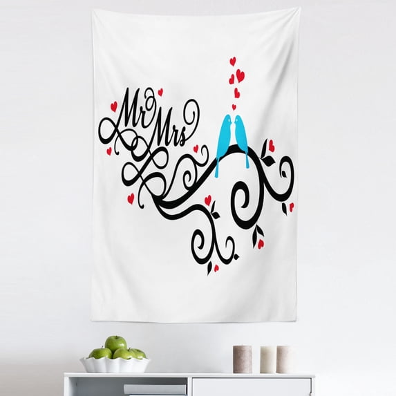 Romance Tapestry, Mr. and Mrs. Swirled Branches Hearts Love Birds Happiness Simplistic Design, Fabric Wall Hanging Decor for Bedroom Living Room Dorm, 5 Sizes, Red Blue Black, by Ambesonne