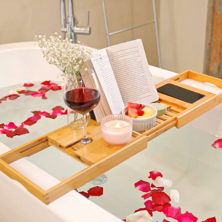 Bathroom Bamboo Bath Caddy Wine Glass Holder Table Tray Bathtub