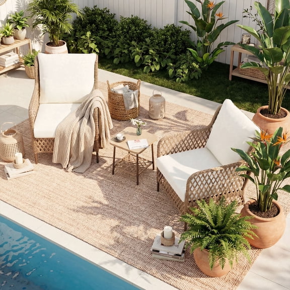 KAMEROUT 3 Pieces Outdoor Patio Furniture Set, High Back Wicker Bistro Set with Beige Cushions for Balcony Garden Backyard