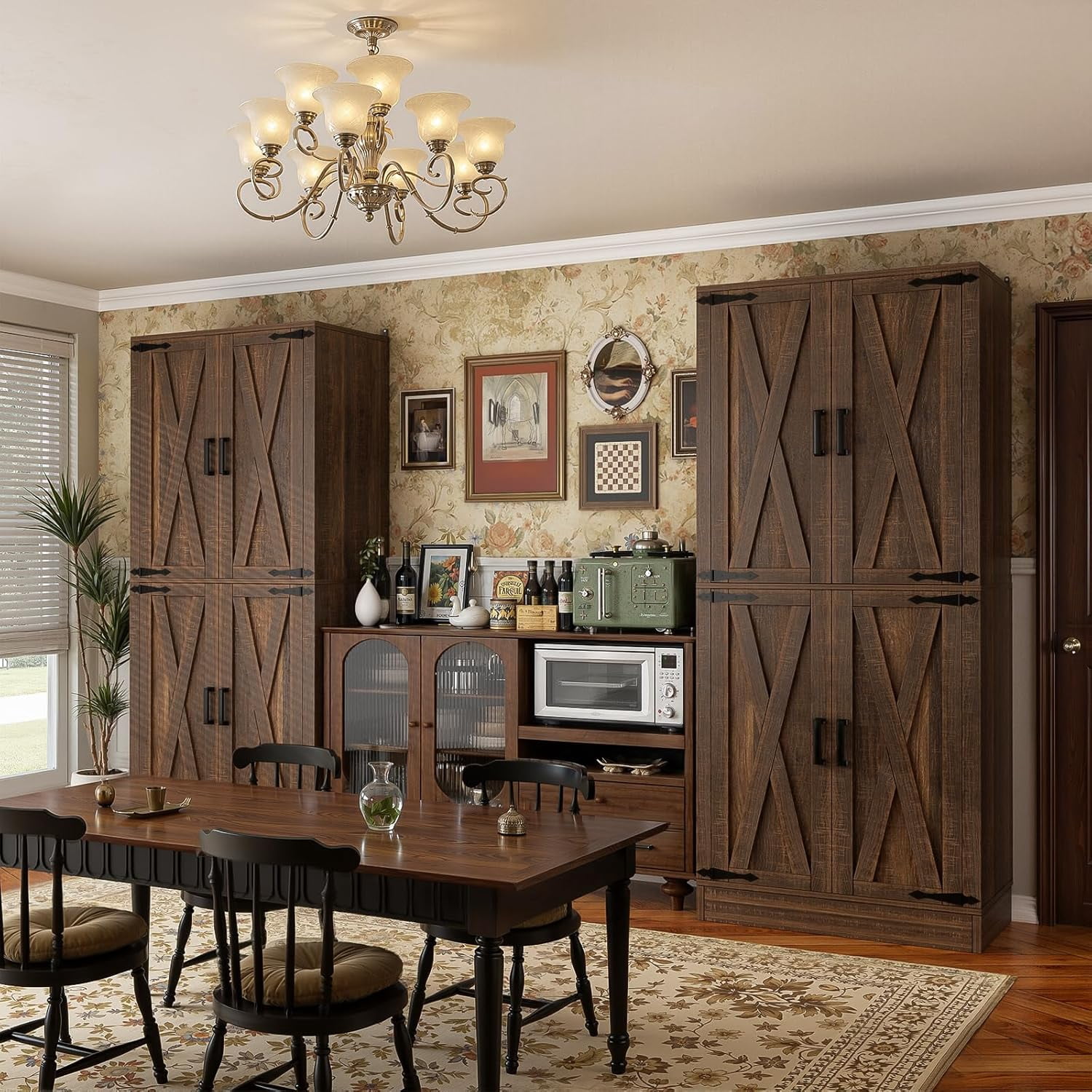 Homieasy 71'' Tall Farmhouse Pantry Cabinet 2 Piece Set, 6-Tier Pantry with Doors, Drawers & Adjustable Shelves, Retro Brown