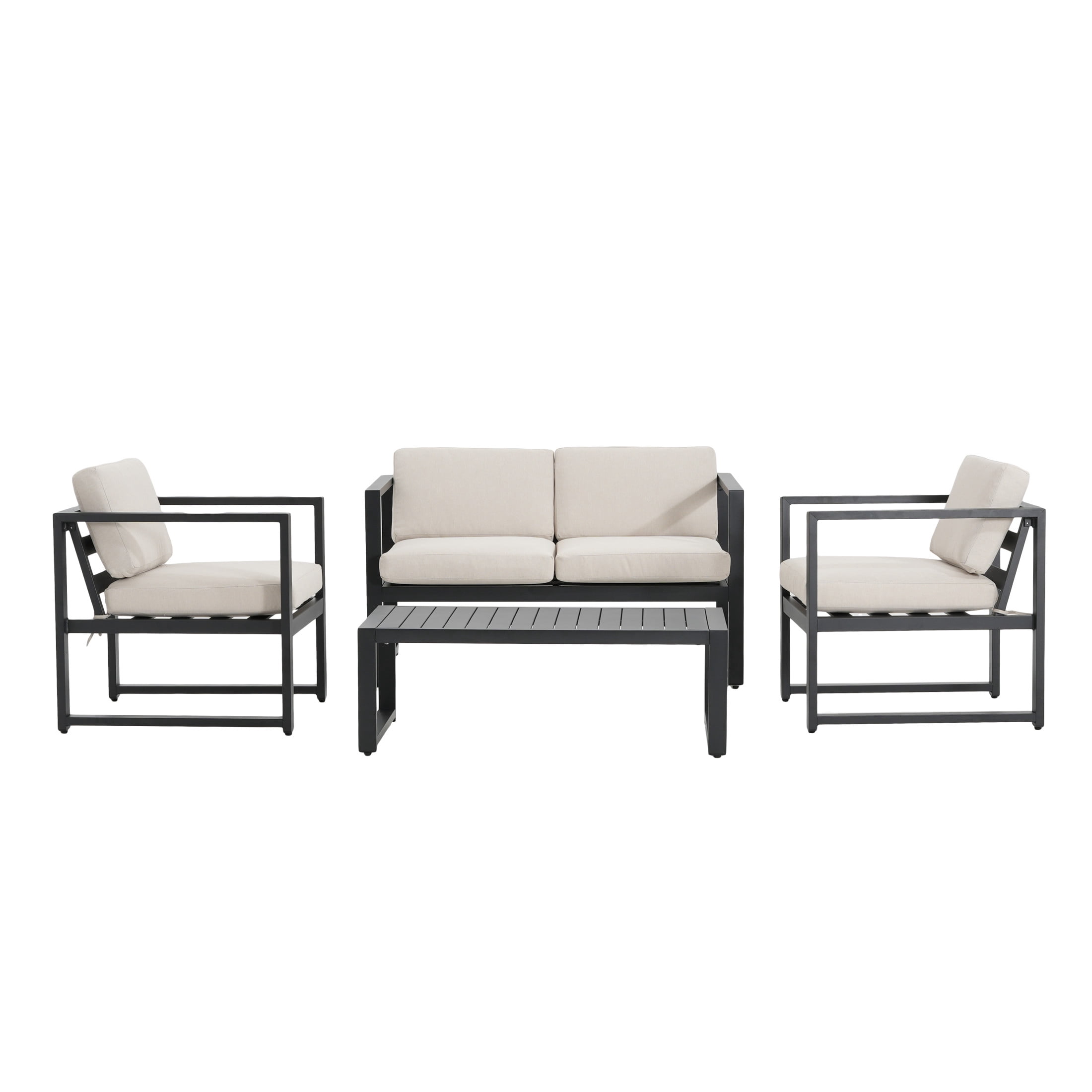 Ryder Modern 4-Piece Outdoor Patio Aluminum Chat Set, Black Frame with Beige Cushions