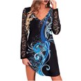 thumbnail image 1 of Pompotops Robe Mode Femme Imprimée Dentelle Manches Longues Col en V Mini Robes, 1 of 4