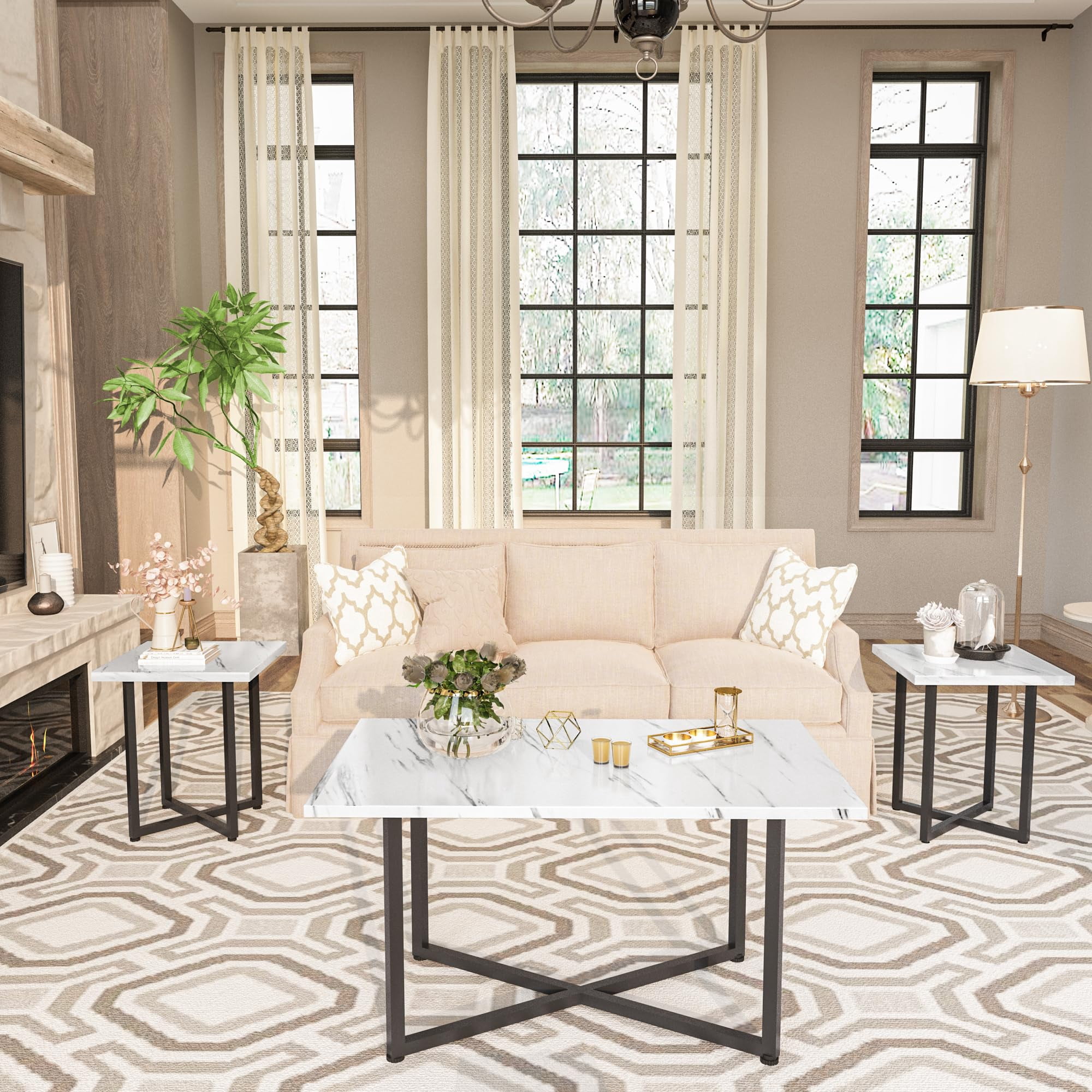 Cvortll Coffee Table Sets 3-Pieces, Modern Faux Marble Coffee Table with 2 Square End Side Tables, Large Sturdy Coffee Table Set for Living Room, White