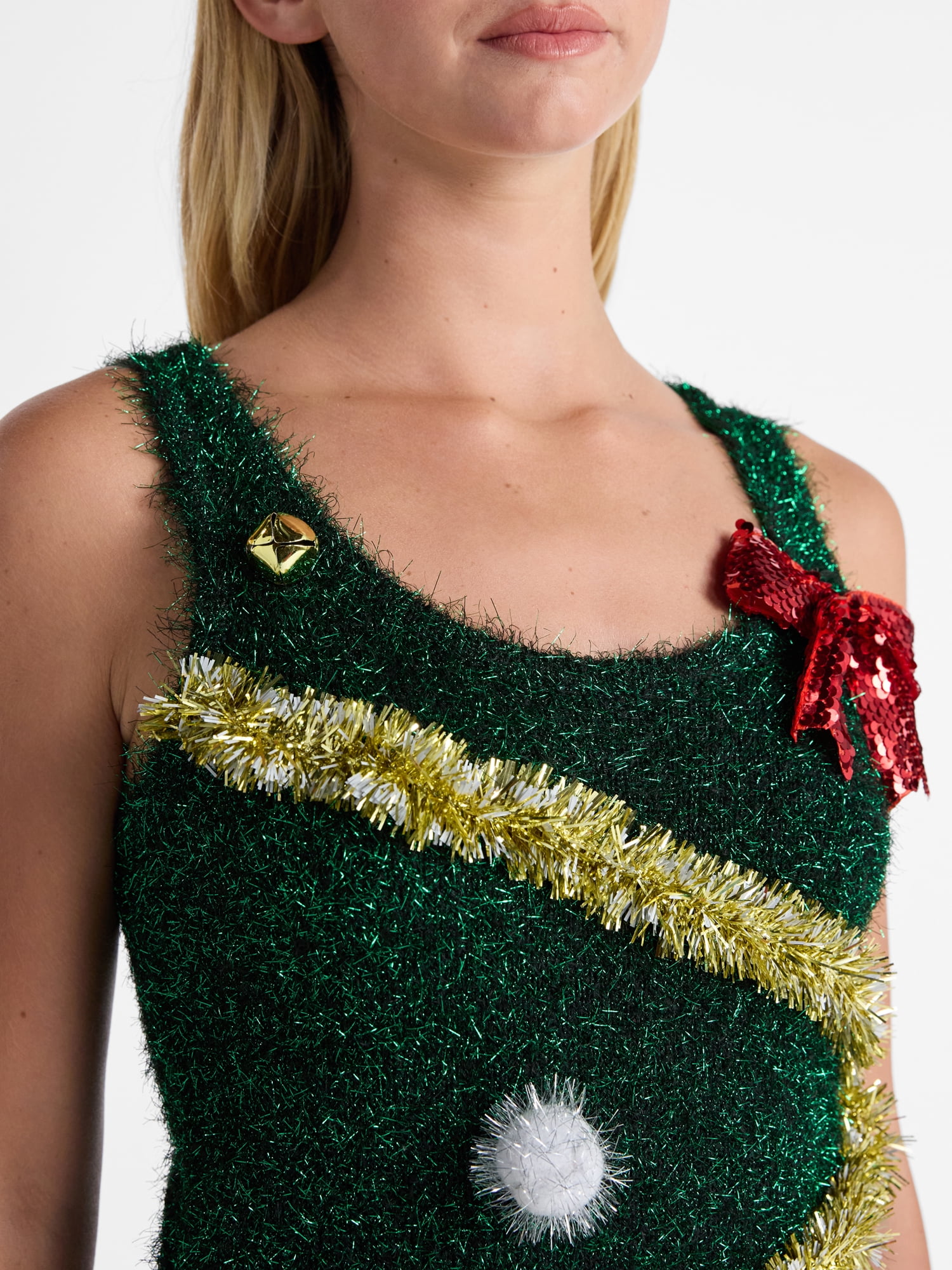 walmart christmas tree sweater dress No Boundaries Christmas Tree Tinsel Mini Dress, Women's