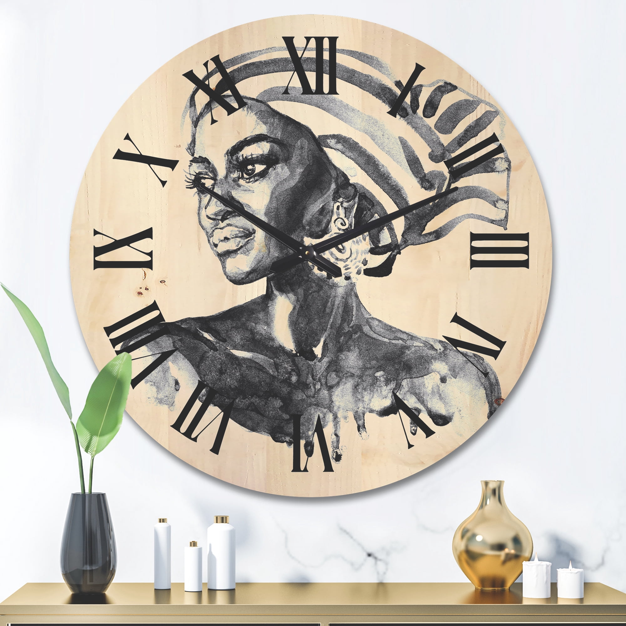 Designart 'Portrait of Afro American Woman XII' Modern Wood Wall Clock