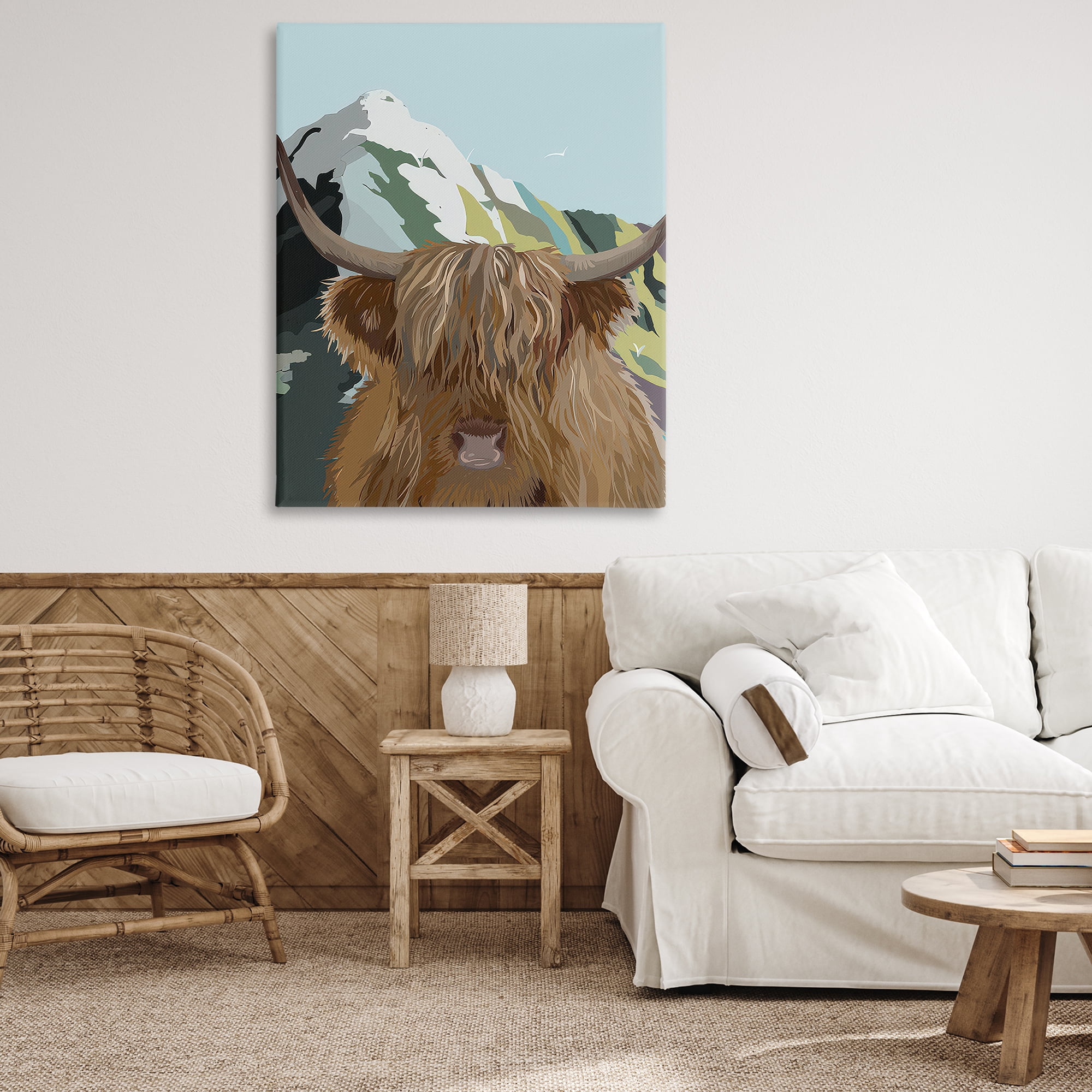 Stupell Industries Mountain Cattle Scene Animals Painting Wrapped Canvas Art Print Wall Art, 36 x 48