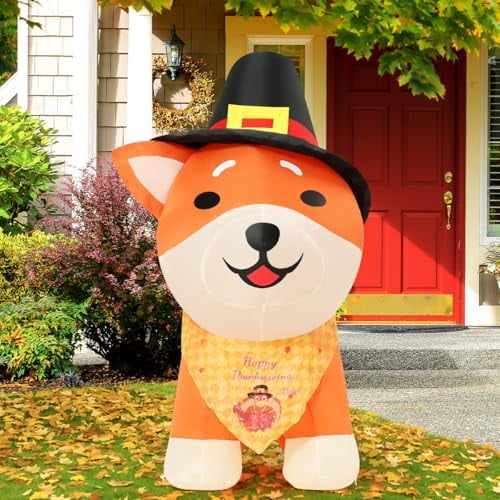 4 FT Tall Thanksgiving Inflatables Outdoor Decorations, Shiba Inu Dog in Hat with Built-in LEDs Blow Up Yard Decoration for Holiday Party Garden Lawn$$Garden & Patio