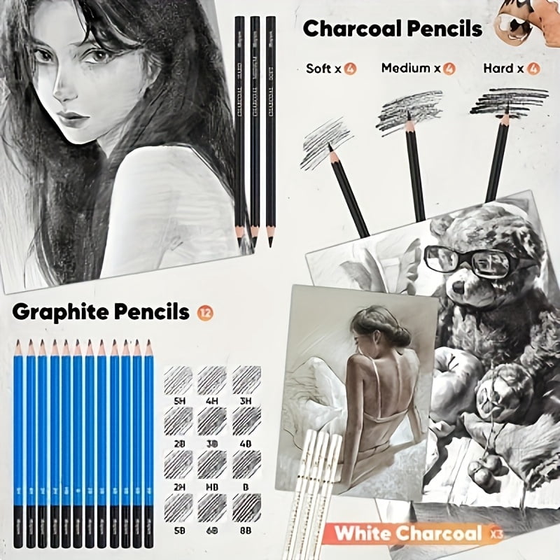 35-Piece Sketching & Charcoal Pencil Set, Complete Drawing Kit with Wood Pencils, Charcoal Pencils & Sticks for Artists