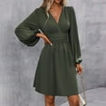 thumbnail image 2 of WTOBBY Women's Fashionable Solid Color V-Neck Long Sleeve Pleated Versatile Dress Lantern Sleeve Detail for Unique Style Flowy Pleats for Movement Wardrobe Essential,Army Green L, 2 of 8